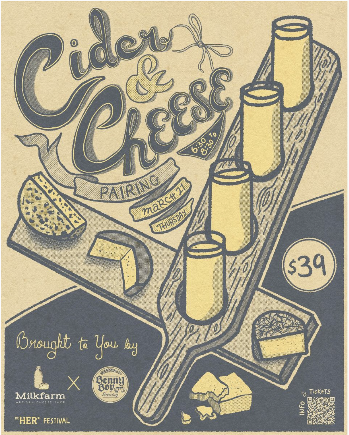 Poster of Cider and Cheese Class. The image is of a cheese plate, crossed with a beer paddle board holding 4 glasses of beer.