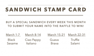 Image of our Sandwich Stamp Card which as 4 sections to get a stamp on particular week.